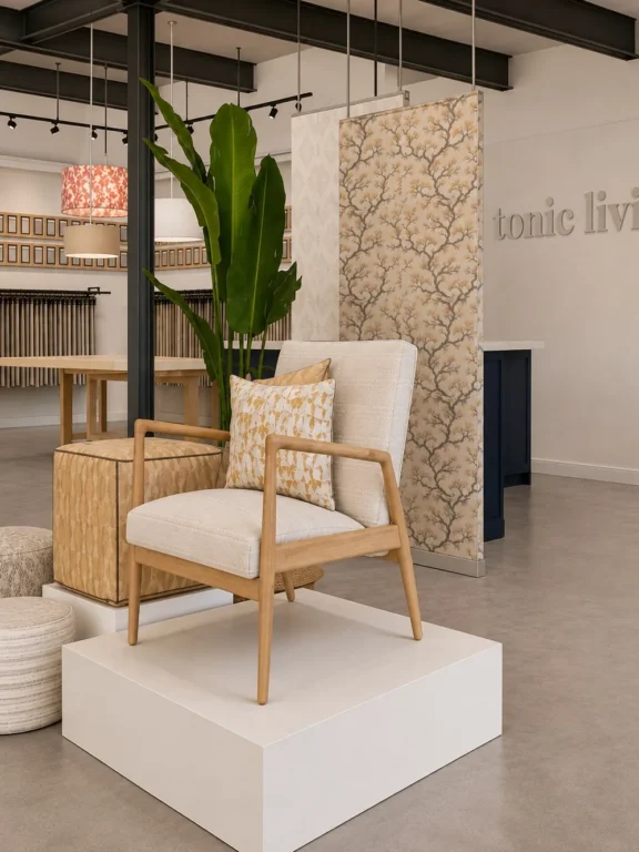 Modern showroom with a neutral armchair on a white platform, patterned pillow, round poufs, a large plant, wallpaper samples, and “tonic living” text on the wall in the background.