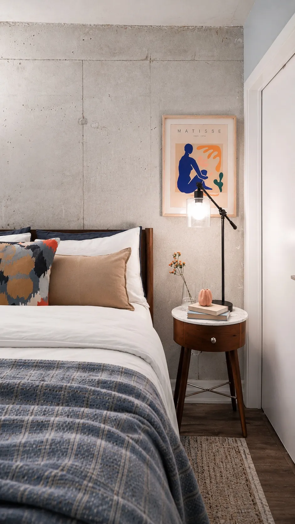 A cozy bedroom with a neatly made bed, patterned pillows, a blue plaid blanket, a round wooden nightstand, a lamp, small decor, and a framed Matisse print on a concrete wall.
