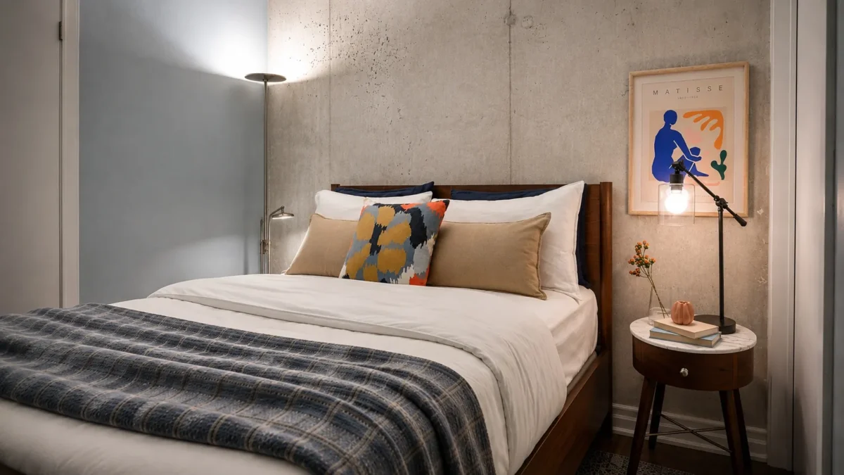A cozy bedroom with a neatly made bed, colorful pillows, a plaid blanket, a round bedside table with a small lamp, flowers, and a book, and a framed artwork on the concrete wall above the bed.