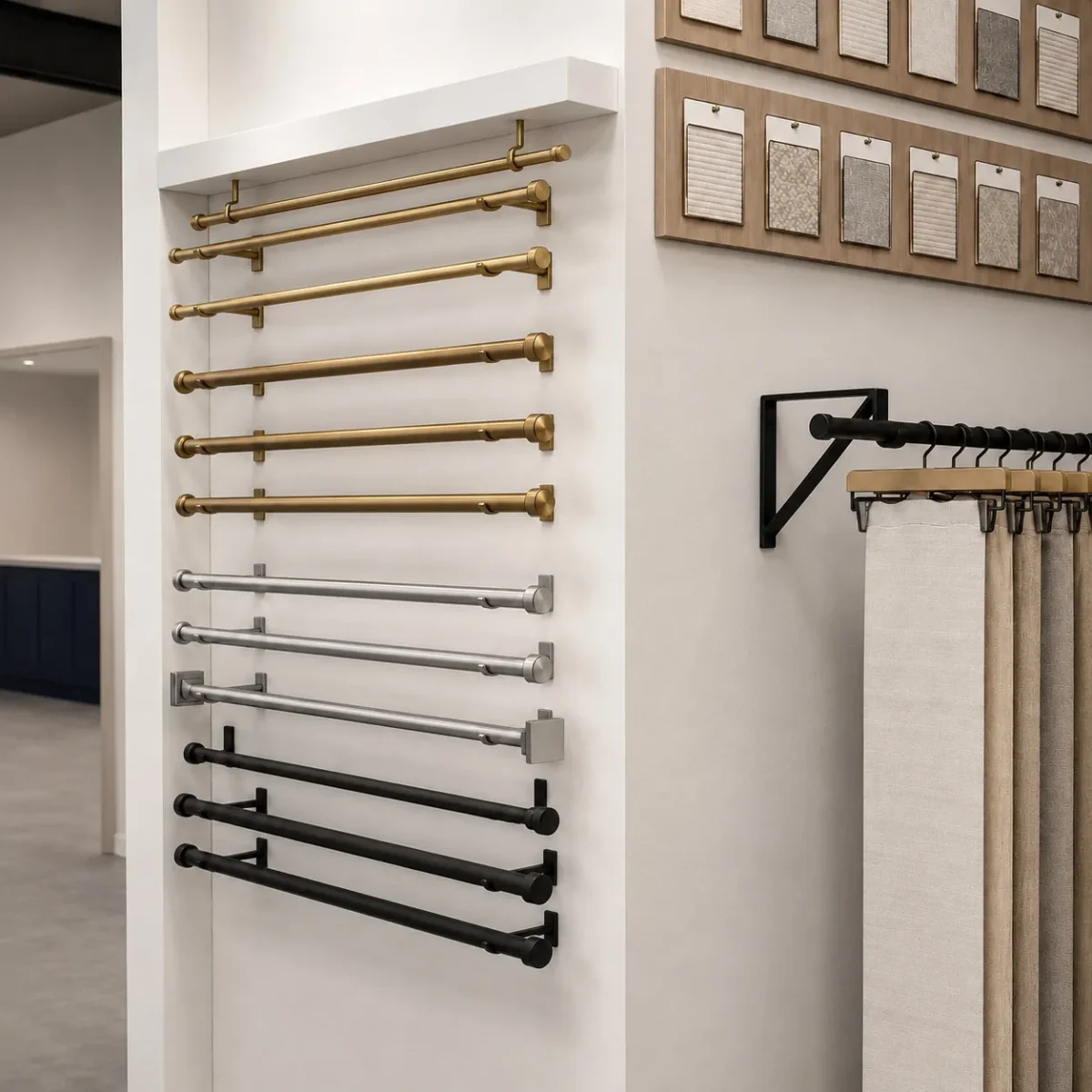 A display wall shows metal curtain rods in gold, silver, and black finishes, arranged horizontally. Fabric swatches are mounted above, and curtain samples hang on a rod to the right.