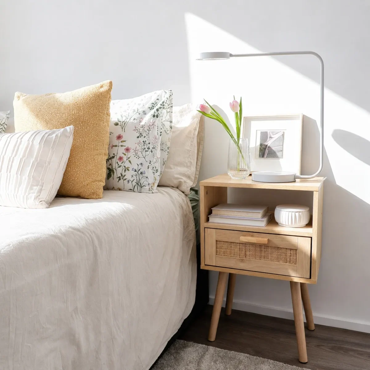 A cozy bedroom with a bed covered in white and floral pillows beside a wooden nightstand holding a lamp, pink tulips in a vase, a framed picture, and a small bowl, bathed in natural sunlight.