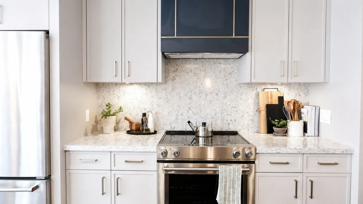 Modern kitchen with light gray cabinets, stainless steel oven and refrigerator, marble backsplash, black and gold range hood, and neatly arranged plants, cutting boards, and utensils on the marble countertop.