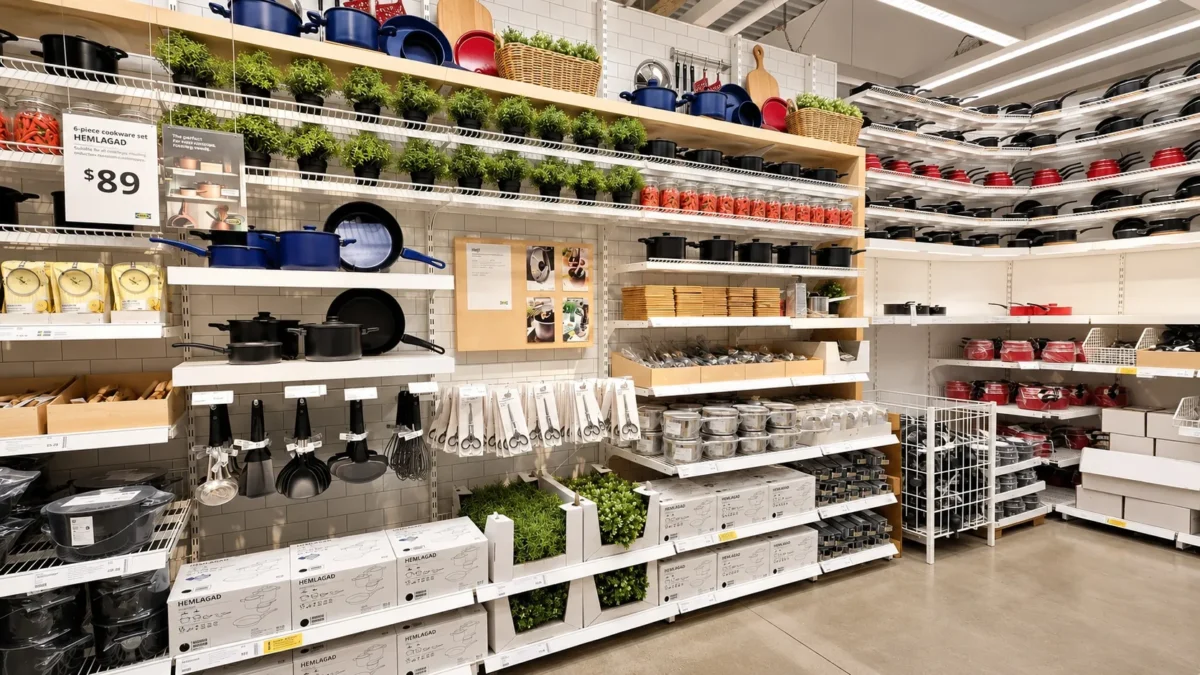 Store shelves display cookware, pots, pans, kitchen utensils, storage containers, and potted herbs. Items are organized by type and color, creating a neat and inviting kitchenware section in a retail store.