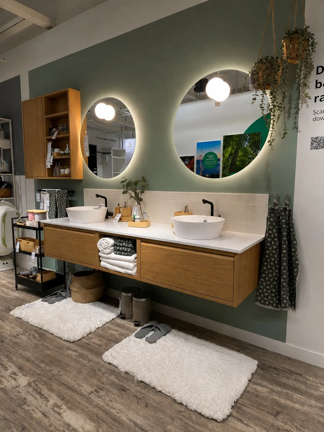 Modern bathroom showroom with two sinks on a wooden vanity, round backlit mirrors, hanging plants, fluffy white rugs, towels, and shelves against a green and white wall with soft, ambient lighting.