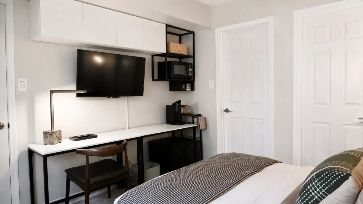 A modern bedroom features a wall-mounted TV, a desk with a chair, a lamp, shelves with a microwave, basket, and books, and a neatly made bed with neutral bedding. White walls and doors create a clean, minimal look.