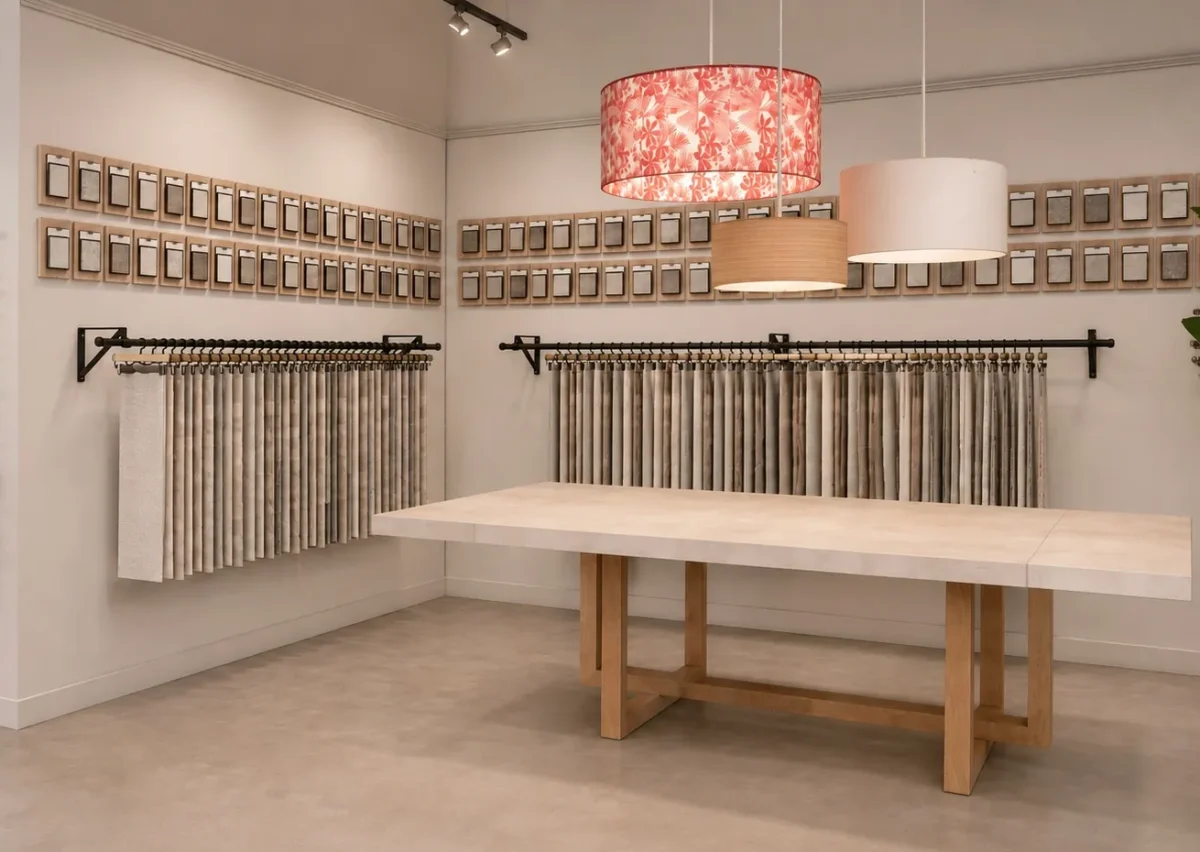A showroom corner displays hanging fabric samples on rods beneath rows of labeled swatches on the walls. Three pendant lights with different shades hang above a large wooden table in the center.