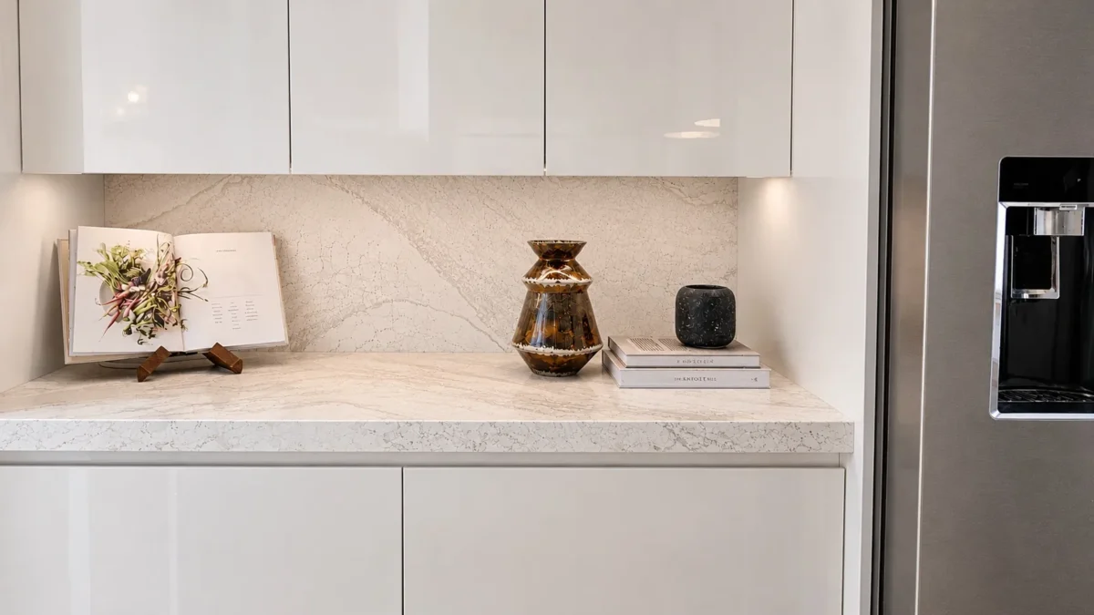 A modern kitchen counter with a marble backsplash, featuring an open cookbook on a stand, a decorative ceramic vase, a small black stone container, and two stacked books beside a stainless steel refrigerator.