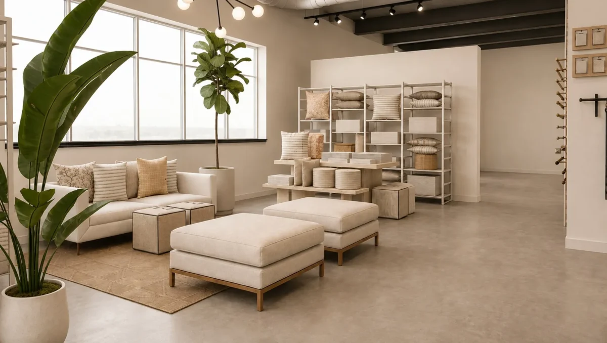 A modern, minimalist living room showroom with neutral-toned sofas, ottomans, a potted plant, shelves with pillows and baskets, large window, and concrete floor under soft, natural and overhead lighting.