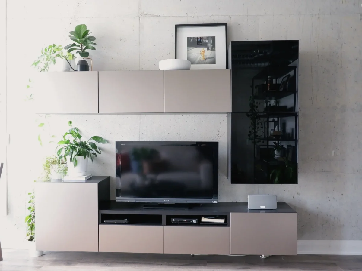 A modern living room setup with a flat-screen TV on a sleek beige and black TV stand, surrounded by potted plants, wall-mounted cabinets, and framed art against a concrete wall.