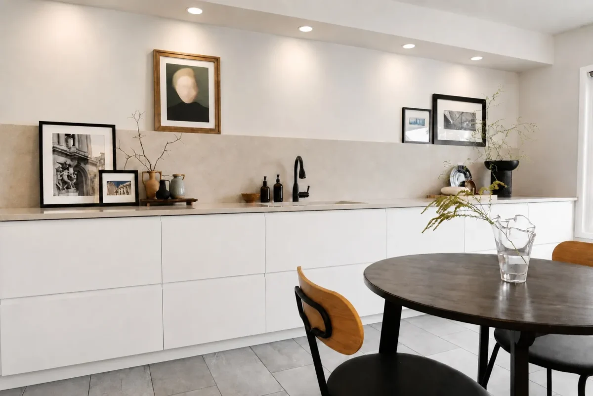 Minimalist kitchen with white cabinets, beige backsplash, and black fixtures. Art and framed photos are displayed on the counter. A round table with chairs is in the foreground, holding a clear vase with branches.