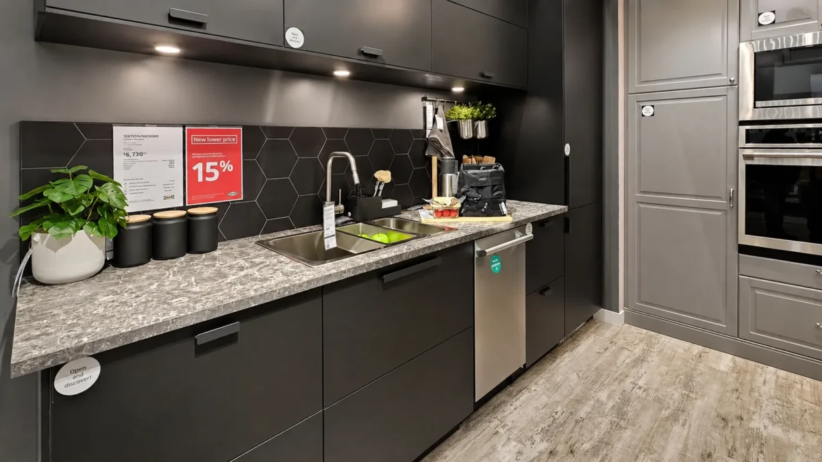 Modern kitchen with dark cabinets, gray countertop, stainless steel sink, dishwasher, and built-in ovens. Black hexagonal backsplash, under-cabinet lighting, and small potted plants decorate the space. Promotional sign on the counter.
