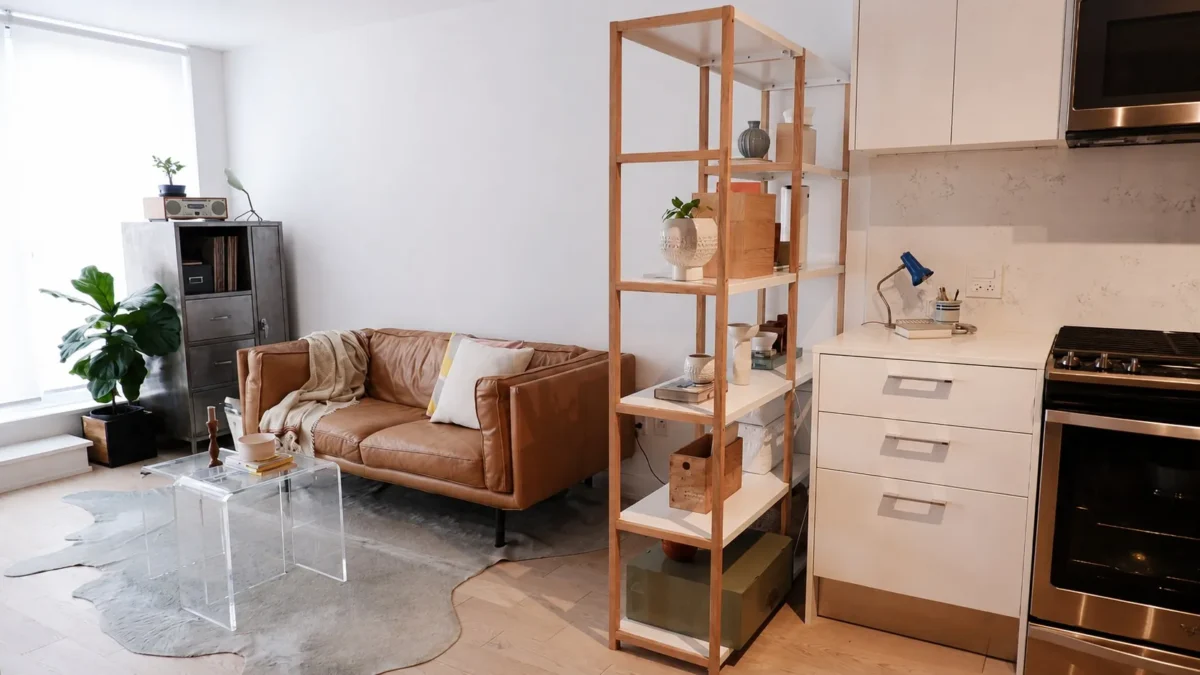 A modern living room with a brown leather sofa, a clear acrylic coffee table, a cowhide rug, a tall wooden shelving unit, plants, and a white kitchen area with stainless steel appliances.
