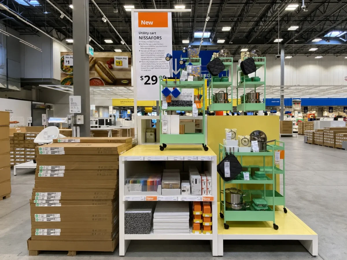 A display in a large store shows green utility carts, kitchenware, and storage items on shelves. A sign above reads New Utility cart NISSAFORS. Stacks of flat-packed boxes are on the left.