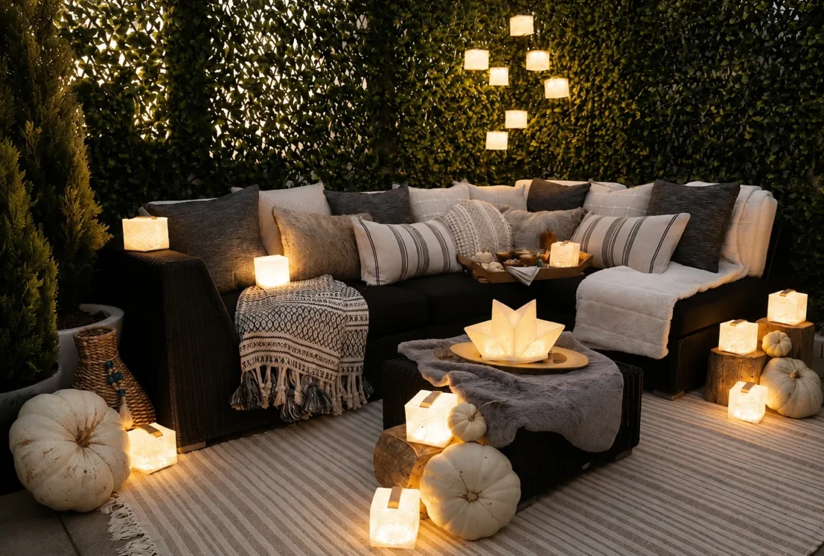 Cozy outdoor patio with a dark sectional sofa, grey and white pillows, soft blankets, glowing lanterns, white pumpkins, and a coffee table with a decorative tray, set on a striped rug against a leafy green wall.