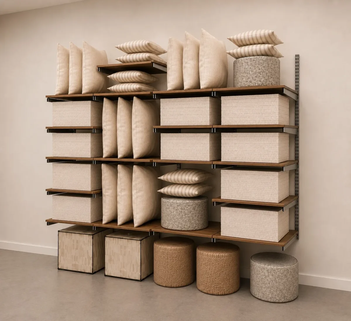 A wall-mounted shelving unit with neatly arranged beige and patterned pillows, woven baskets, and three textured ottomans below, set against a light-colored wall in a minimalist room.