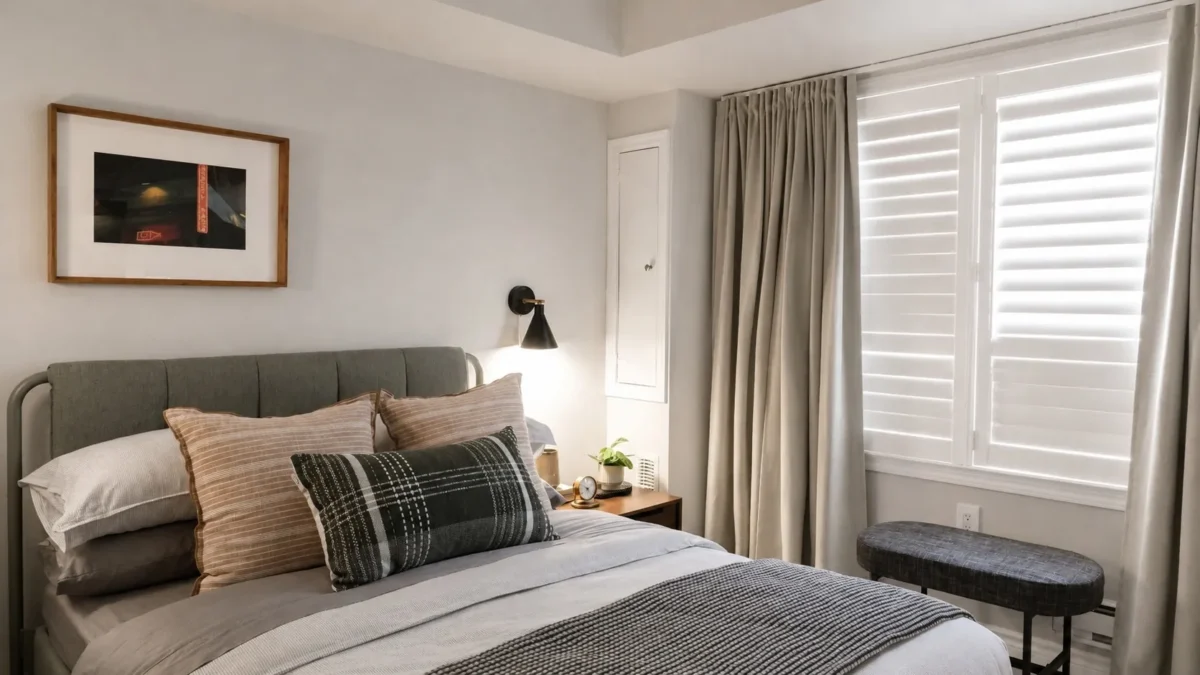 A cozy, modern bedroom with a neatly made bed featuring layered pillows and a striped blanket, a bedside table with a plant, wall-mounted lamp, framed art, and shuttered windows with light gray curtains.