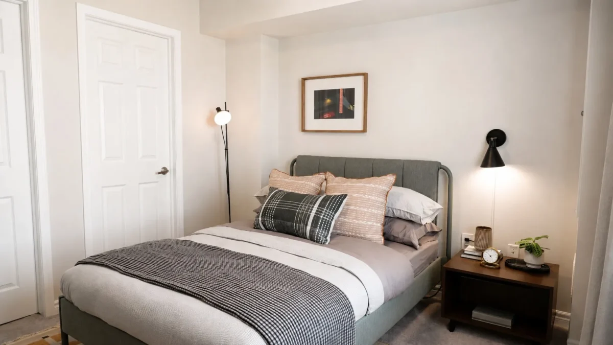 A neatly made bed with neutral-toned bedding and multiple pillows sits against a light wall. A nightstand with a lamp, clock, and decor is beside the bed, and wall art and another lamp are on the other side.