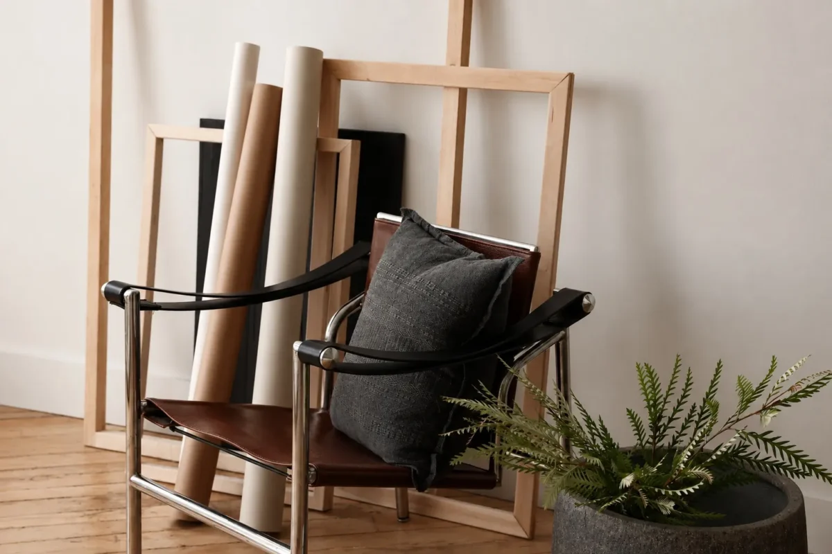 A modern leather and metal chair with a dark cushion sits on a wooden floor. Empty wooden frames, rolled papers, and a potted fern plant are arranged nearby against a plain white wall.