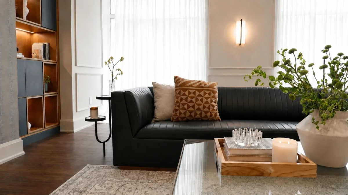 A modern living room with a black leather sofa, neutral and patterned pillows, a glass coffee table with decor, potted plants, wood flooring, and large windows with sheer white curtains letting in natural light.