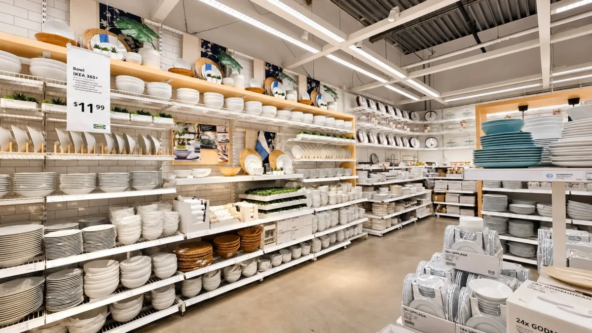 A well-lit store aisle displays neatly organized shelves filled with white and colorful plates, bowls, cups, and other dishware. The store has high ceilings and bright lighting.