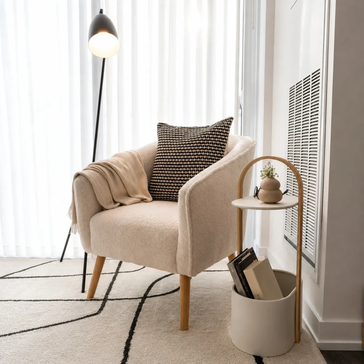 A cozy beige armchair with a blanket and patterned cushion sits beside a small round side table holding a vase and books, near a floor lamp, on a light rug with dark geometric lines.