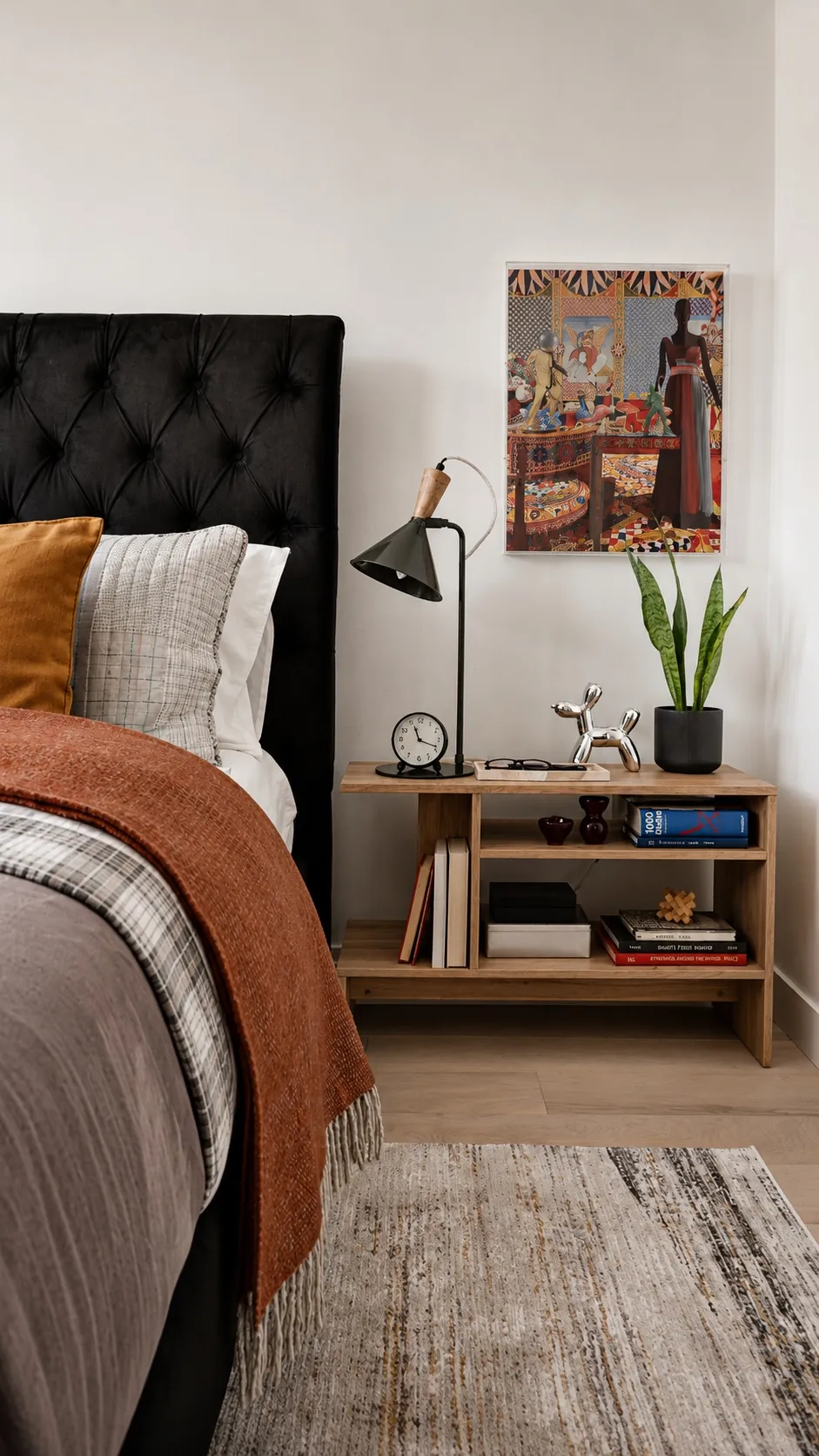 A cozy bedroom features a tufted black headboard, layered pillows, a rust-colored throw, and a wooden nightstand with a lamp, clock, plant, books, decor items, and framed art on the wall.