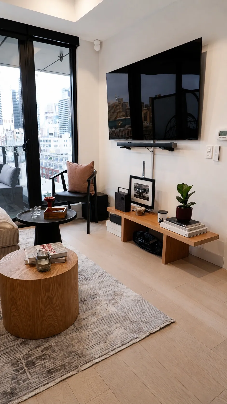A modern living room with light wood floors, a round wooden coffee table, a beige sofa, a gray rug, and a black chair. A TV is mounted on the wall above a console with decor, plants, and framed art. Glass doors lead to a city-view balcony.